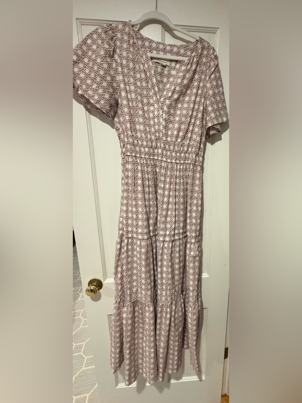 Anthropologie Blush Patterned V‑Neck Tiered Maxi Dress